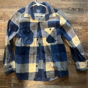 Boys size 8 medium Button down plaid shirt. Blue, gray, tan.